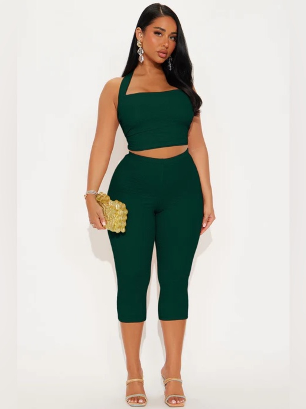 Fashion Nova Dark Green Halter Crop Top & Capri Set